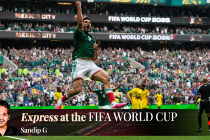Mexico's Raul Jimenez celebrates after scoring his side's second goal during the World Cup Group A soccer match between Mexico and South Africa in Mexico City, Thursday, June 11, 2026. (AP Photo)
