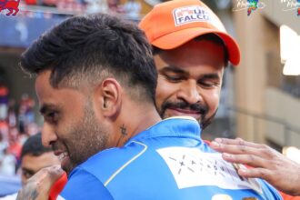 Suryakumar Yadav and Shreyas Iyer hug before a T20 Mumbai league fixture on Saturday. (X/T20 Mumbai)