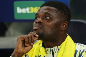 Villarreal's Thomas Partey sits on the bench during the Champions League soccer match between Tottenham and Villarreal in London, Tuesday, Sept. 16, 2025. (AP Photo/Ian Walton, File)