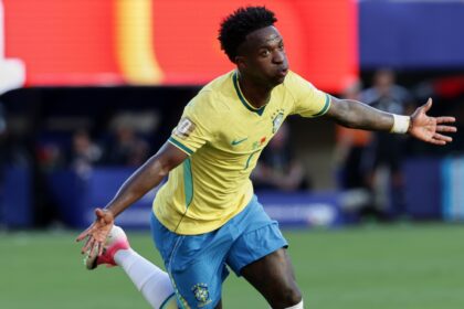 Vinicius Jr celebrates his goal for Brazil vs Morocco in New York. (AP)
