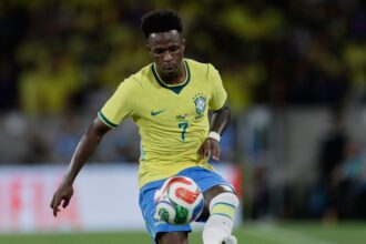Brazil's Vinicius Junior controls the ball during a friendly. (AP Photo)