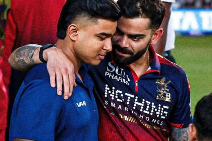 Kohli could be seen putting his arms around Sooryavanshi before seemingly sharing some words of wisdom with the teenager. (Star Sports screenshot)