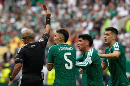 Referee Wilton Sampaio sends off Mexico's Cesar Montes the World Cup Group A match between Mexico and South Africa. (AP Photo)