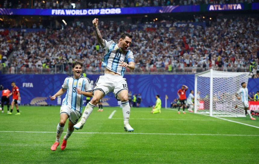 Argentina's Lionel Messi celebrates scoring their second goal.