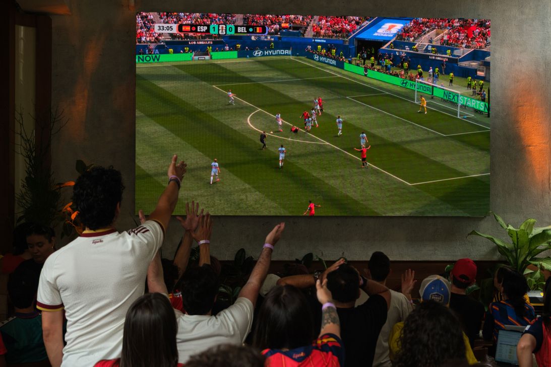 Fans react to a foul in the Spain-Belgium match.