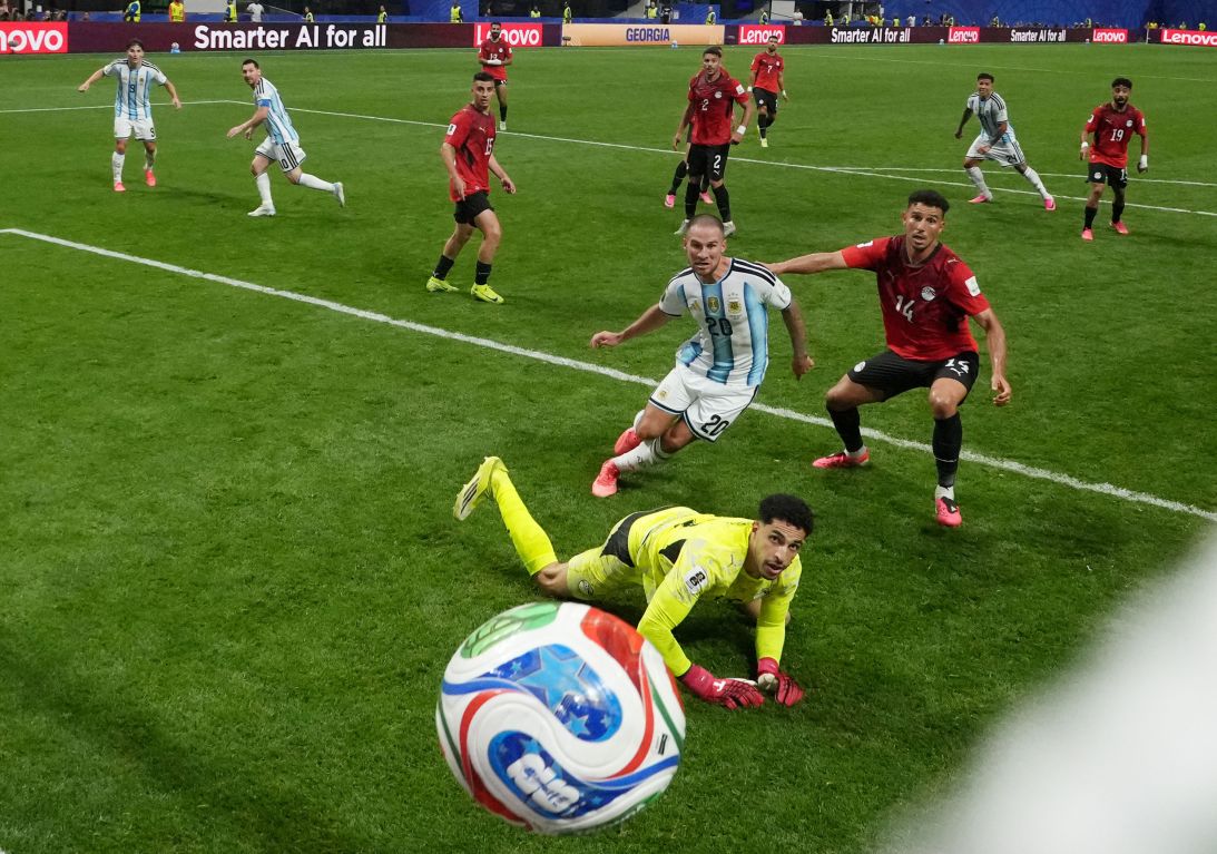Messi watches his goal fly into the Egyptian net, tying the game late in the contest.