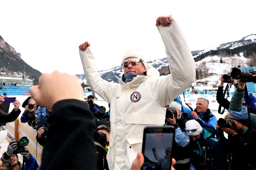 Gold medallist Johannes Hoesflot Klaebo of Norway celebrates after winning gold in the men's 50km mass start classic in cross-country skiing, at the Milano Cortina 2026 Olympics, Tesero Cross-Country Skiing Stadium, Lago, Italy on February 21.