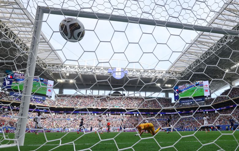 Kylian Mbappe of France shoots to score his team's third goal during the FIFA World Cup 2026 Bronze Medal Match match between France and England at Miami Stadium on July 18, 2026 in Miami Gardens, United States.