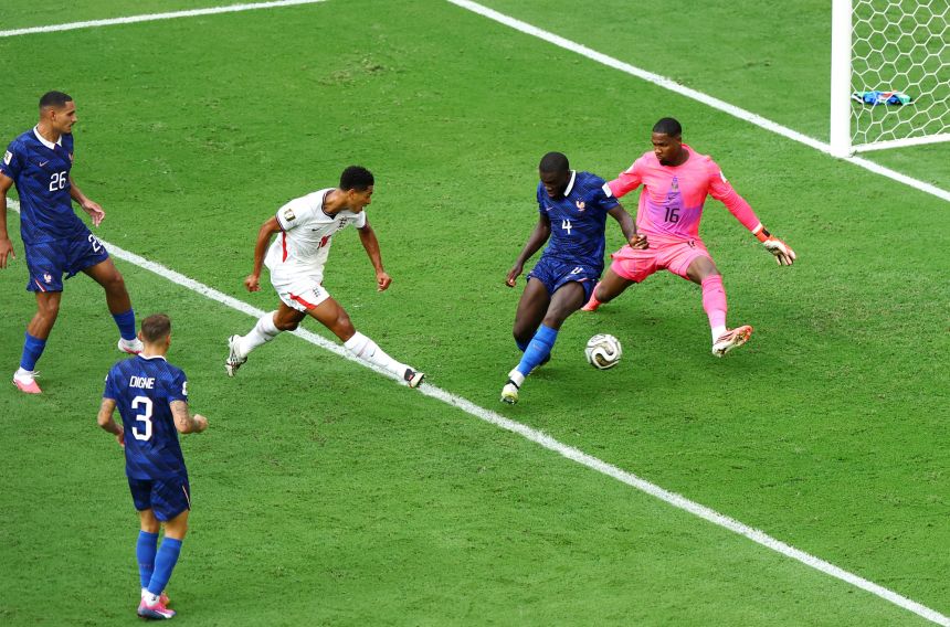 England's Jude Bellingham scores their sixth goal during the Bronze Final match between France and England in Miami Gardens, Florida, on July 18, 2026.