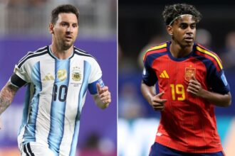 Argentina's Lionel Messi, left, and Spain's Lamine Yamal