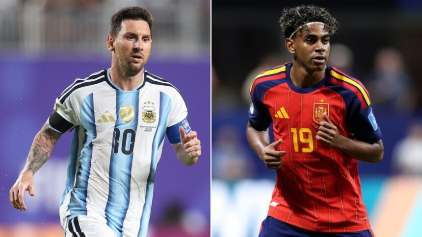 Argentina's Lionel Messi, left, and Spain's Lamine Yamal