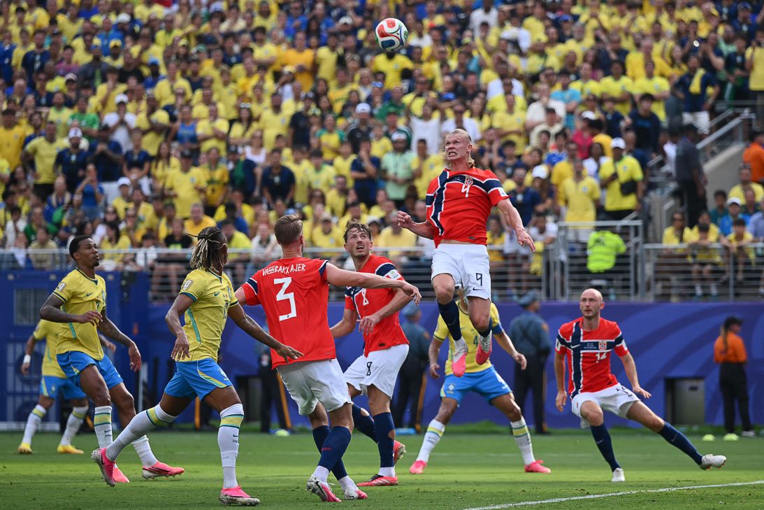 Haaland jumps for the ball during the 2026 World Cup round of 16 football match between Brazil and Norway at the New York/New Jersey Stadium in East Rutherford on July 5.