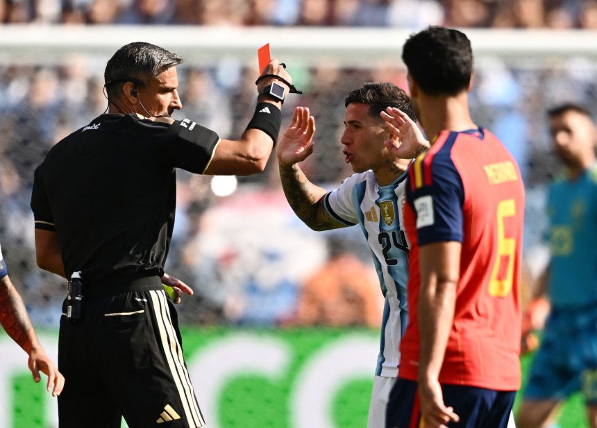 Argentina's Enzo Fernández is sent off for a second bookable offense. Argentina played all of extra time with just 10 men.