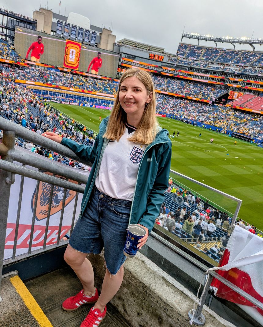 Programming and Distribution producer Becky Gamester-Newton is a massive <em>Three Lions</em> fan and traveled from the UK to Foxborough's Gillette Stadium to see England play Ghana.