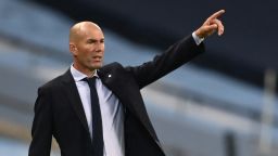 Real Madrid's French coach Zinedine Zidane shouts instructions to his players from the touchline during the UEFA Champions League round of 16 second leg football match between Manchester City and Real Madrid at the Etihad Stadium in Manchester, north west England on August 7, 2020. (Photo by Shaun Botterill / POOL / AFP via Getty Images)