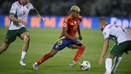 Spain's Lamine Yamal is defended by two Bulgarian players during a World Cup qualifier in September.
