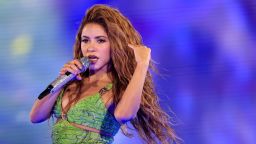 Shakira performs on stage during a show at Copacabana beach on May 2 in Rio de Janeiro, Brazil.
