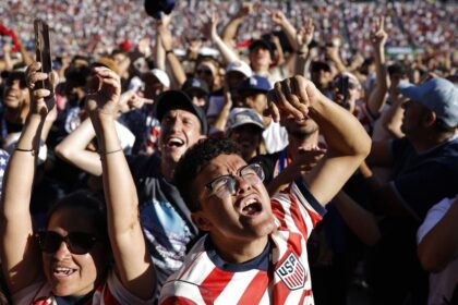 Fans cheer for a US goal at a FIFA Fan Festival in Los Angeles on June 12.