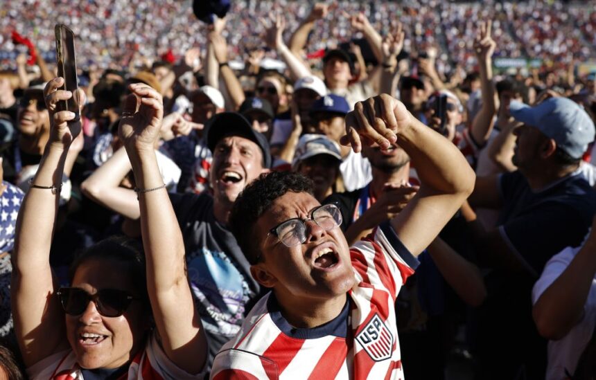 Fans cheer for a US goal at a FIFA Fan Festival in Los Angeles on June 12.