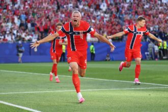 Erling Haaland of Norway celebrates scoring his team's first goal during the FIFA World Cup 2026 Group I match against Iraq.
