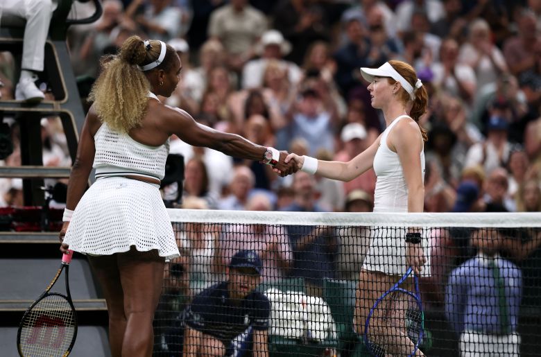 Serena Williams shakes hands with Maya Joint after the match.