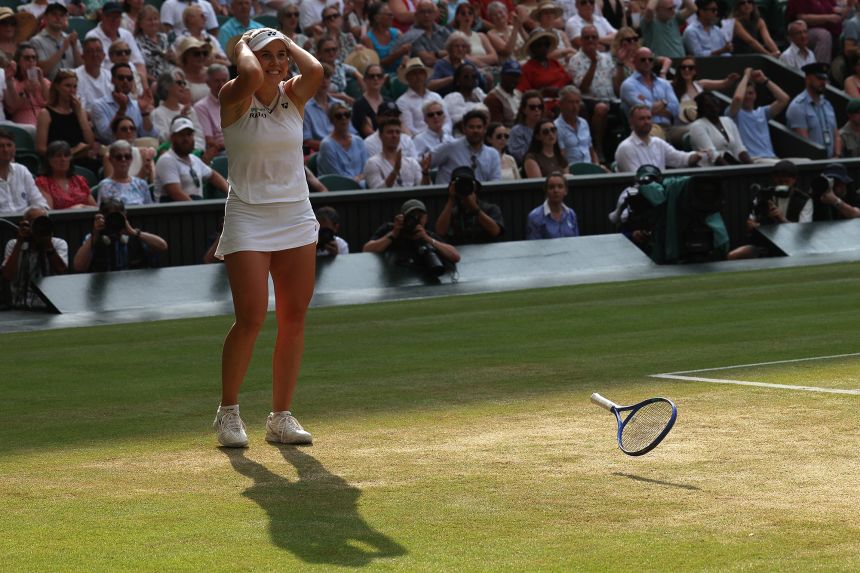 Linda Nosková celebrates winning against Ukraine's Marta Kostyuk, setting up an all-Czech Wimbledon final.
