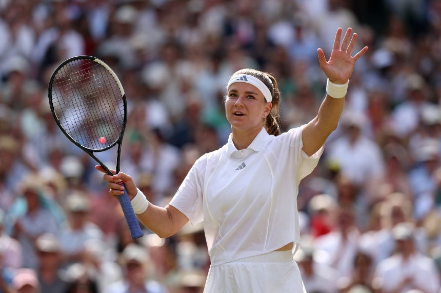 Karolína Muchová acknowledges the crowd after her victory over Coco Gauff in the Wimbledon semifinals.