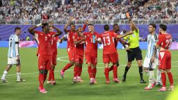 KANSAS CITY, MISSOURI - JULY 11: Referee Joao Pinheiro shows a red card to Breel Embolo #7 of Switzerland during the FIFA World Cup 2026 Quarter Final match between Argentina and Switzerland at Kansas City Stadium on July 11, 2026 in Kansas City, Missouri. (Photo by Michael Regan - FIFA/FIFA via Getty Images)