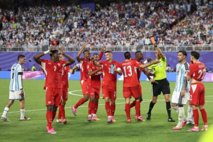 Referee Joao Pinheiro shows a red card to Breel Embolo during the 2026 World Cup quarterfinal between Argentina and Switzerland at Kansas City Stadium on July 11.