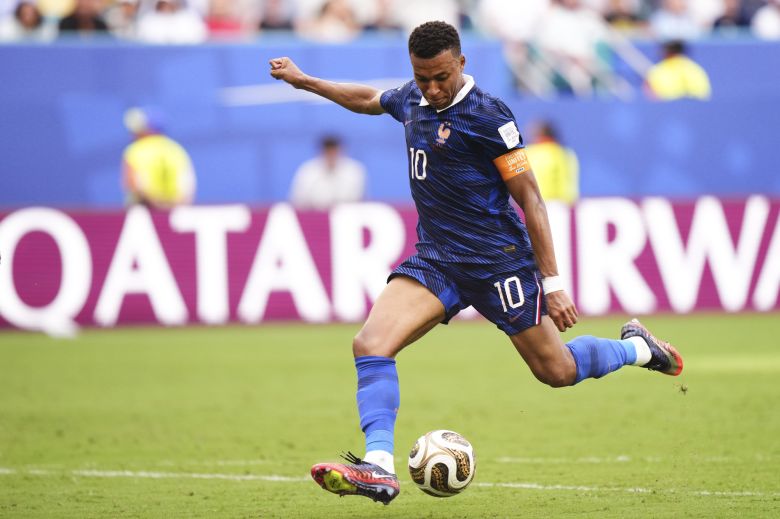 Kylian Mbappe of France shoots to score his team's third goal during the FIFA World Cup 2026 Bronze Medal Match match between France and England at Miami Stadium on July 18, 2026 in Miami Gardens, United States.