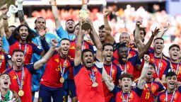Spain's midfielder #16 Rodri lifts the trophy with his teammates after winning the 2026 World Cup football tournament final match between Spain and Argentina at the New York/New Jersey Stadium in East Rutherford on July 19, 2026.  (Photo by FRANCK FIFE / AFP via Getty Images)