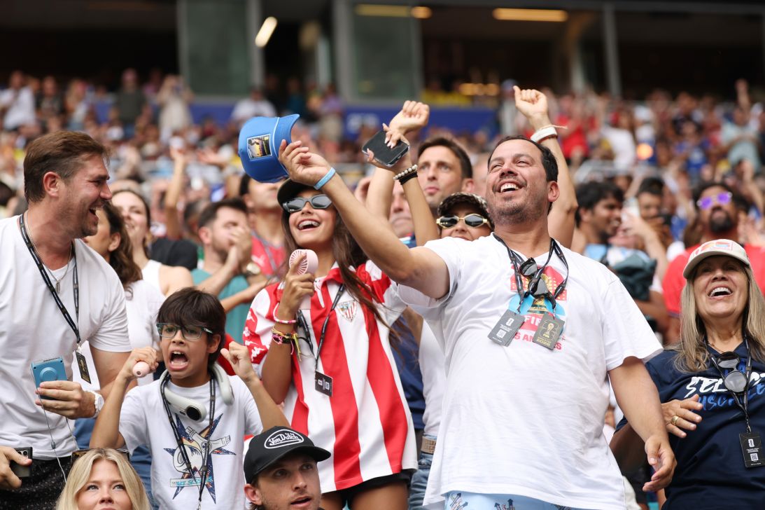 England fans celebrate during the FIFA World Cup 2026 Bronze Final between France and England at Miami Stadium on July 18, 2026 in Miami Gardens, Florida.