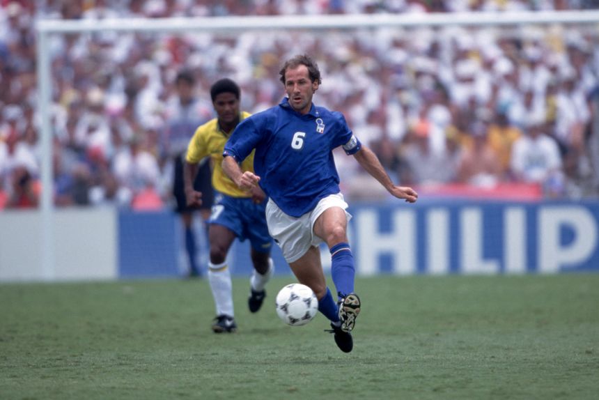 Franco Baresi in action for Italy against Brazil in the final of the 1994 Football World Cup in the US.