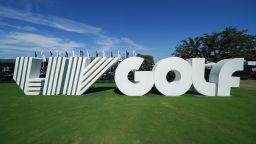 Jun 28, 2025; Carrollton, Texas, USA; The LIV Golf logo near the first tee during the second round of the LIV Golf Dallas golf tournament at Maridoe Golf Club. Mandatory Credit: Raymond Carlin III-Imagn Images