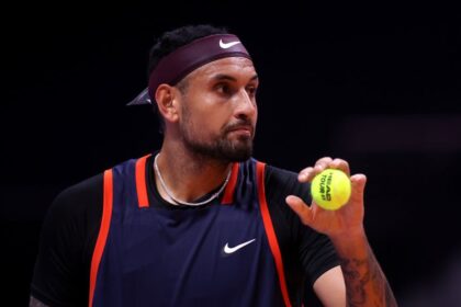 DUBAI, UNITED ARAB EMIRATES - DECEMBER 21: Nick Kyrgios of Eagles in action against Grigor Dimitrov of Falcons during day three of the World Tennis League at Coca-Cola Arena on December 21, 2022 in Dubai, United Arab Emirates. (Photo by Francois Nel/Getty Images)