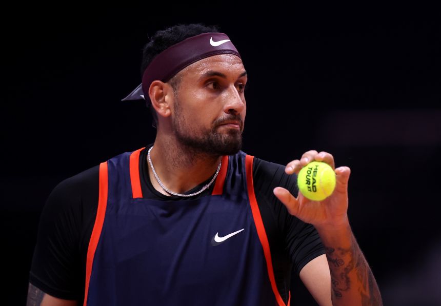 DUBAI, UNITED ARAB EMIRATES - DECEMBER 21: Nick Kyrgios of Eagles in action against Grigor Dimitrov of Falcons during day three of the World Tennis League at Coca-Cola Arena on December 21, 2022 in Dubai, United Arab Emirates. (Photo by Francois Nel/Getty Images)