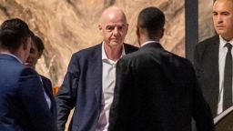 FIFA president Gianni Infantino leaves after attending a Women AFCON 2026 soccer match between Malawi and Zambia, in Rabat, Morocco, Wednesday, Aug. 5, 2026. (AP Photo)