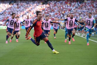 Spain's Ferrán Torres celebrates after scoring in the World Cup final against Argentina on July 19.